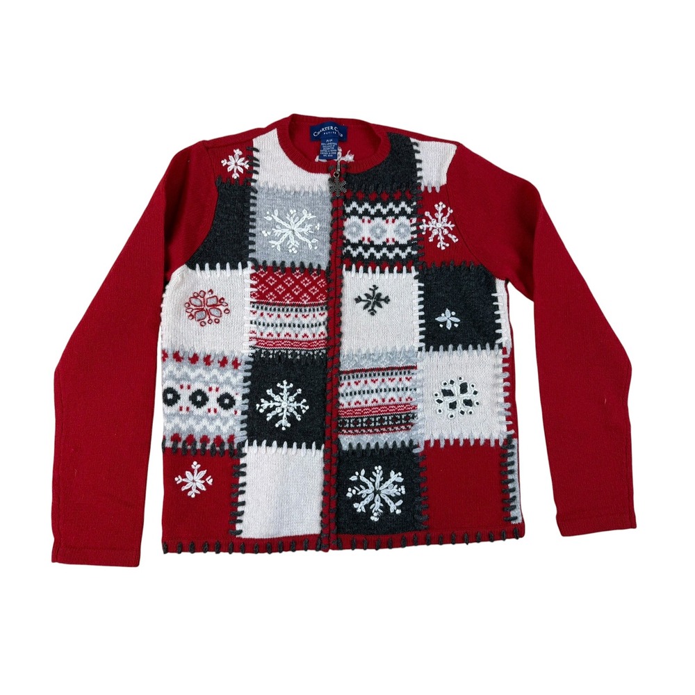 Charter Club Petite Small Cardigan Christmas Lambswool Snowflake Zip Sweater